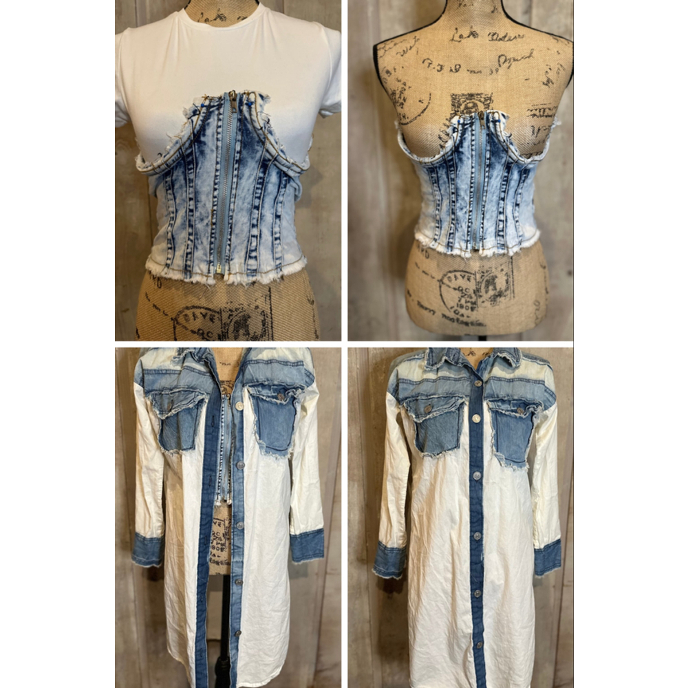Vintage 90's Thrill Acid Wash Denim Corset Top & Shirt Trench Coat Dress S/M